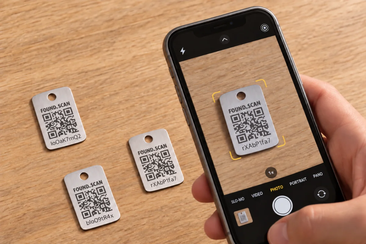 Drei lose FoundPing-Labels auf einem Tisch; eines wird mit dem Smartphone gescannt.