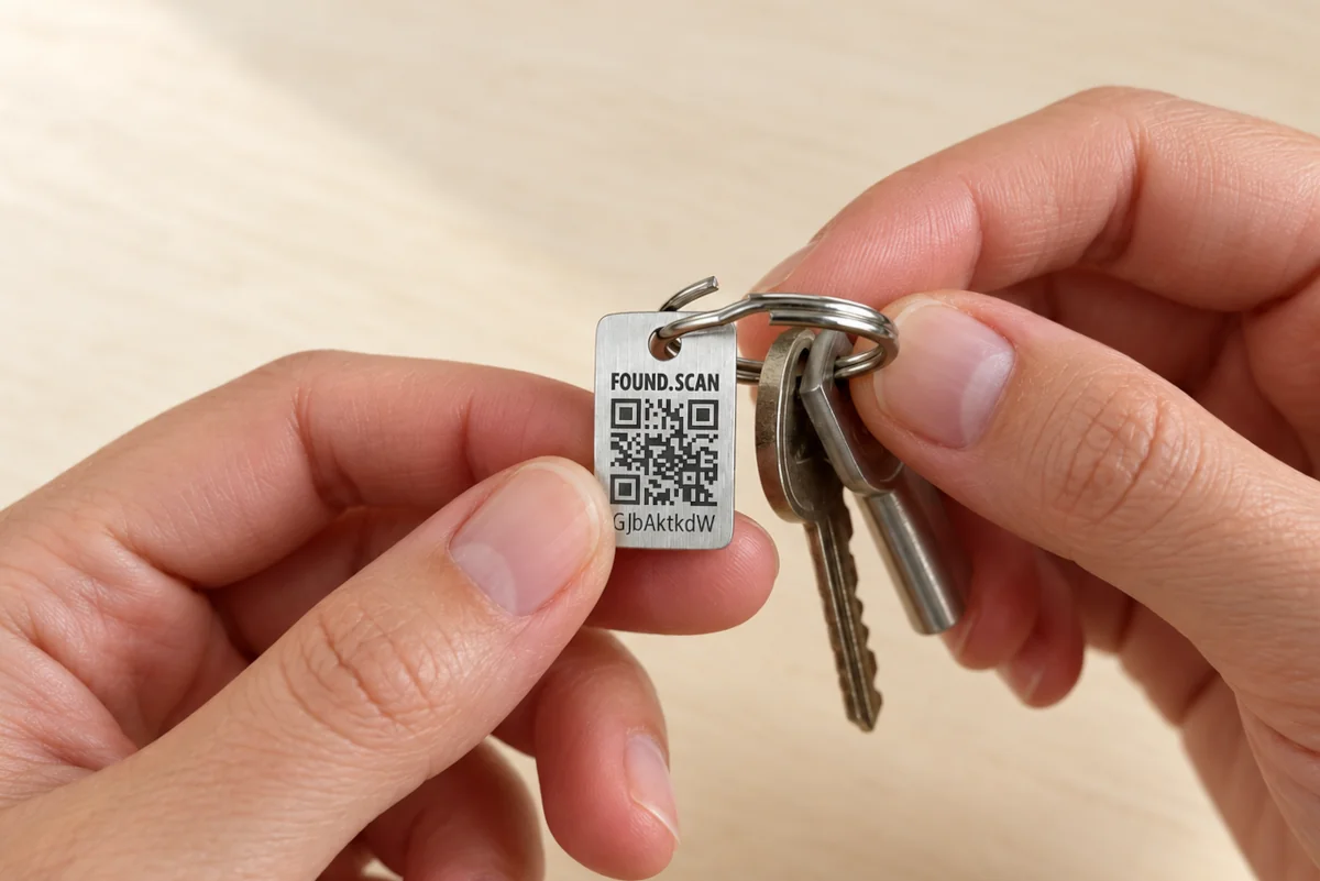 Ein FoundPing-Label wird auf den Ring eines Schlüsselbunds gefädelt.